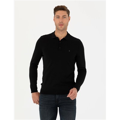 Siyah Slim Fit Polo Yaka Basic Triko Kazak