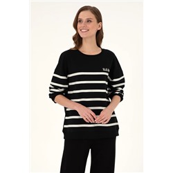 U.S. Polo Assn., Kadın Siyah Çizgili Bisiklet Yaka Sweatshirt 50297279-vr046