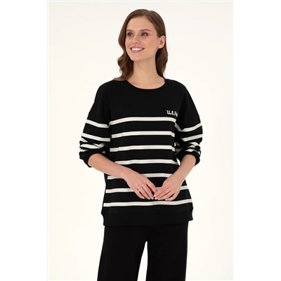 U.S. Polo Assn., Kadın Siyah Çizgili Bisiklet Yaka Sweatshirt 50297279-vr046