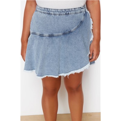Açık Mavi Volan Detaylı Mini Denim Şort Etek TBBSS24AP00027