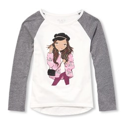 Girls Long Raglan Sleeve Glitter Girl Graphic Top