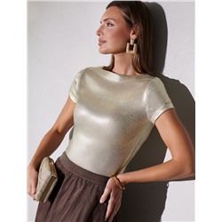 Футболка облегающая из хлопка в рубчик с вырезом лодочка с матовым покрытием металлик