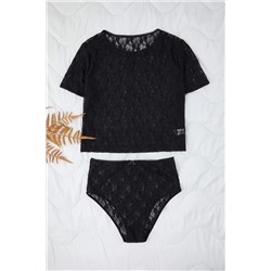 Siyah Fantezi Dantelli T-Shirt & Külot Büyük Beden İç Çamaşır Takımı TBBAW26DG00005