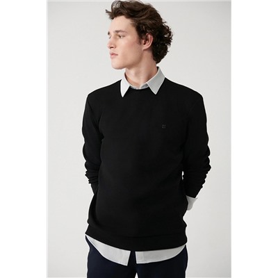 Avva Erkek Siyah Bisiklet Yaka Esnek Yumuşak Doku Interlok Kumaş Standart Fit Normal Kesim Sweatshirt B00 B001100