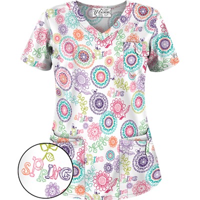 UA Spring Out White Print Scrub Top