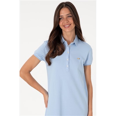 Kadın Açık Mavi Polo Yaka Mini Boy Örme Elbise
