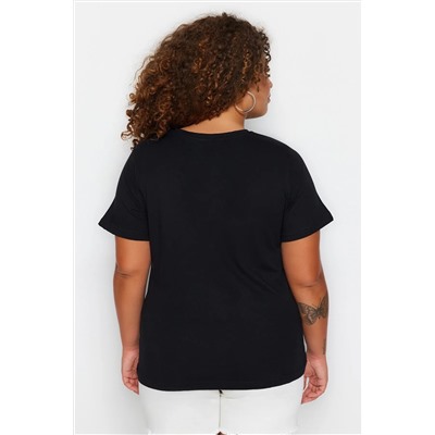Siyah Bisiklet Yaka Baskılı %100 Pamuk Örme T-Shirt TBBSS23BF00025