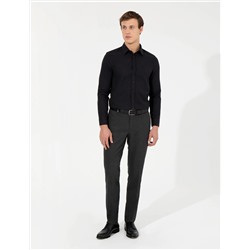 Siyah Slim Fit Armürlü Uzun Kollu Gömlek