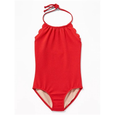 Textured Scalloped-Edge Halter Swimsuit for Girls