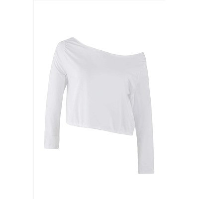 Siyah-Beyaz 2'li Paket %100 Pamuk Asimetrik Kayık Yaka Crop Örme T-Shirt TBBAW26BF00001