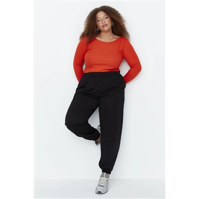 Siyah Loose Jogger İnce Paçası Lastikli Esnek Bel Örme Büyük Beden Eşofman Altı TBBAW23AJ00002