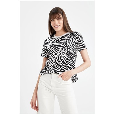 Defacto Regular Fit Bisiklet Yaka zebra Desenli Kısa Kollu %100 Pamuk Tişört U1778AZ22SM