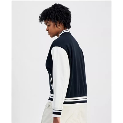 HIPPIE ROSE Juniors' Faux-Leather-Sleeve Snap-Front Varsity Bomber Jacket