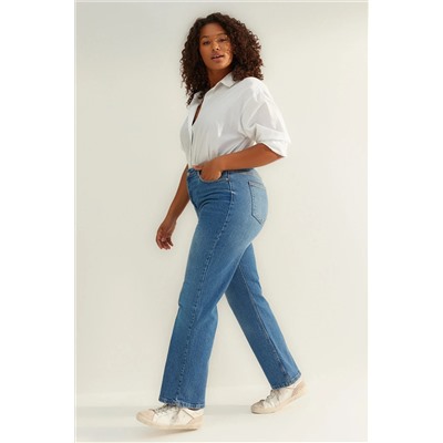 More Sustainable Koyu Mavi Yüksek Bel Comfort Straight Fit Büyük Beden Jeans TBBAW24CJ00045