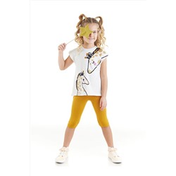 Denokids Zürafa Kız Çocuk Beyaz T-shirt Hardal Tayt Yazlık Takım CFF-23Y1-075