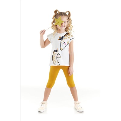 Denokids Zürafa Kız Çocuk Beyaz T-shirt Hardal Tayt Yazlık Takım CFF-23Y1-075