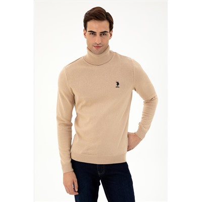 Erkek Slim Fit Boğazlı Yaka Kum Melanj Basic Kazak