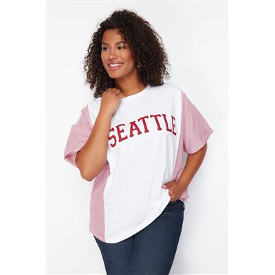 Kırmızı Çizgili Baskılı Oversize %100 PamukÖrme T-shirt TBBSS24BF00017