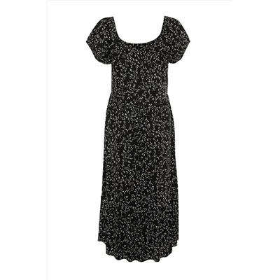 Siyah Çiçek Desenli A-line Maxi Boy Örme Büyük Beden Elbise TBBSS22AH00009