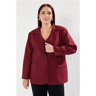 Bordo Astarlı Oversize/Bol Kesim Blazer Dokuma Büyük Beden Kumaş Ceket TBBAW25AG00019