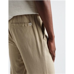Linen Blend Drawstring Trousers, Men, Beige