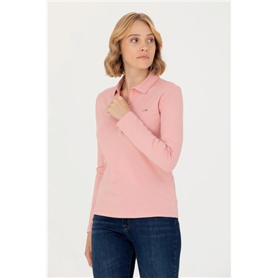 Kadın Pudra Basic Polo Yaka Sweatshirt