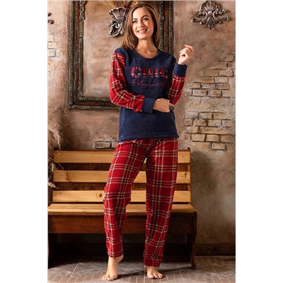 Moda Panda Kırmızı Ekoseli Nakış Desenli Pamuklu Polar Pijama Takımı CHİC-POLAR