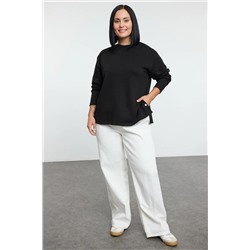 Siyah Çıt Çıt Düğme Detaylı Regular/Normal Kalıp Örme Büyük Beden Sweatshirt TBBAW25AO00039