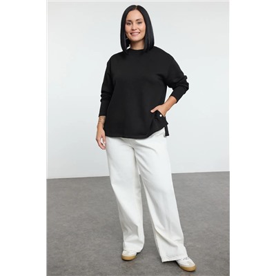 Siyah Çıt Çıt Düğme Detaylı Regular/Normal Kalıp Örme Büyük Beden Sweatshirt TBBAW25AO00039