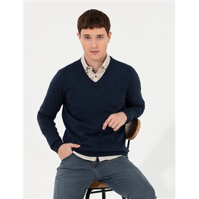 Lacivert Slim Fit V Yaka Triko Kazak