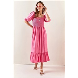 Olalook Kadın Şeker Pembe Gipeli Salaş Midi Elbise ELB-19001919