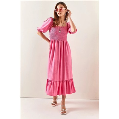 Olalook Kadın Şeker Pembe Gipeli Salaş Midi Elbise ELB-19001919