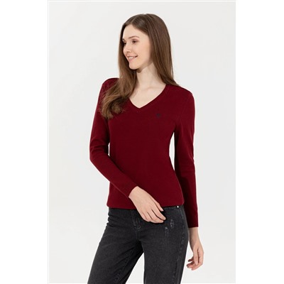 Kadın Bordo Basic V - Yaka Kazak