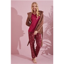 pijamacity 3'lü SET | Kışlık Kadın Kırmızı Sabahlık Takımı 3lü-usoft-24