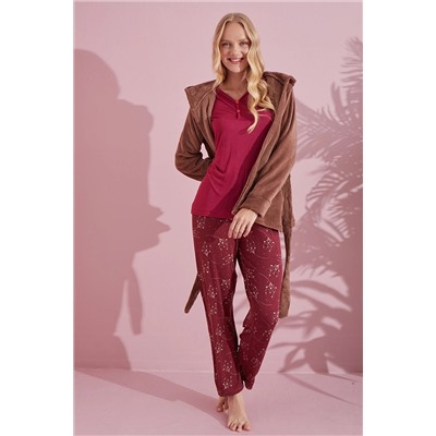 pijamacity 3'lü SET | Kışlık Kadın Kırmızı Sabahlık Takımı 3lü-usoft-24