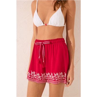 Pantalón corto 100% algodón rojo bordado
