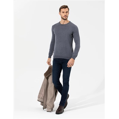 Gri Melanj Slim Fit Bisiklet Yaka Basic Triko Kazak