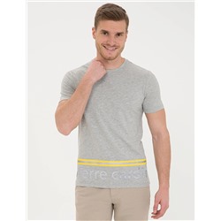 Açık Gri Melanj Slim Fit Baskılı Bisiklet Yaka Tişört