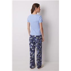 Pijama largo 100% algodón canalé azul flores