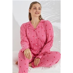 Siyah İnci pembe kalp desen Curve Büyük Beden Battal boy Düğmeli Pamuklu Pijama Takımı 7617