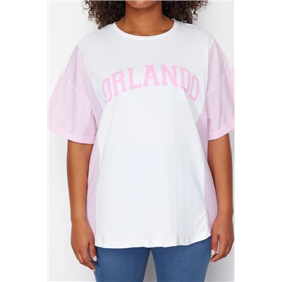 Pembe Çizgili Baskılı Oversize %100 Pamuk Örme T-shirt TBBSS24BF00017