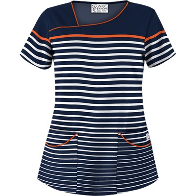 UA Sassy Stripes Navy Asymmetrical Scrub Top