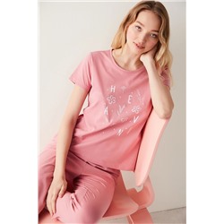 Penti Pembe Heaven Baskılı Tişört Kapri Pijama Takımı PN5G2QB823IY-BSH