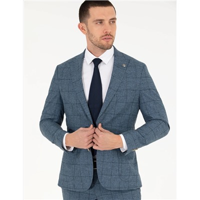 Ekose Açık Lacivert Slim Fit Takım Elbise