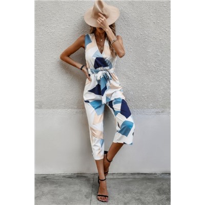 sleeveless geo print wide leg belted jumpsuit