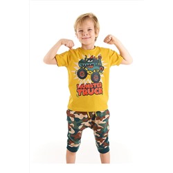 Denokids Monster Truck Arabalı Erkek Çocuk Sarı T-shirt Kamuflaj Kapri Şort Takım CFF-22Y2-041