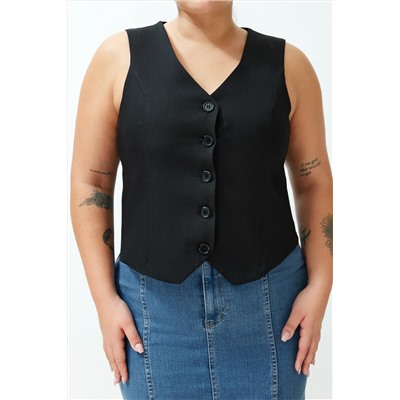 Siyah Fitted Crop Düğmeli Dokuma Büyük Beden Yelek TBBSS24BH00003