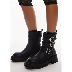 Topshop Wide Fit Luke chunky biker boots with buckle detail in black