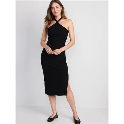 Fitted Rib-Knit Halter Midi Dress for Women
