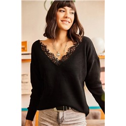 Olalook Kadın Siyah Yakası Dantelli Triko Bluz BLZ-19001605